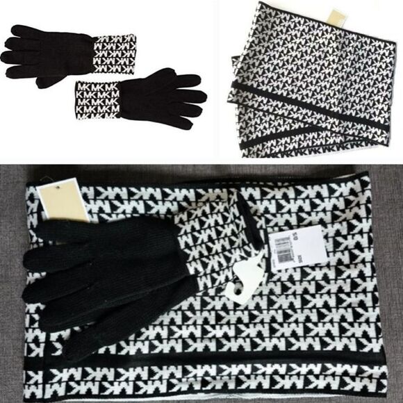 Michael Kors 2 pc Black & White MK Logo monogram Knit Cuffed Gloves & Scarf set - Picture 1 of 16